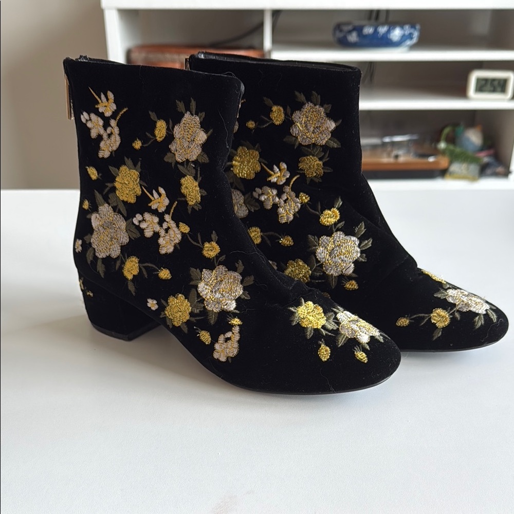 Embroidered Black and Gold Ankle Boots